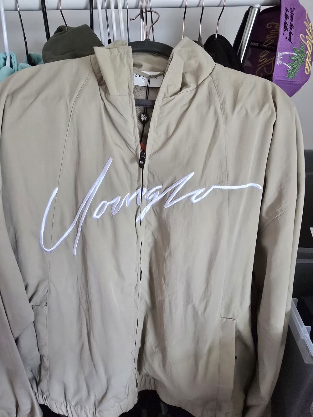 YoungLA Khaki Windbreaker Jacket with White Script Logo